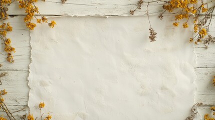 Blank paper framed by dried flowers on weathered wood