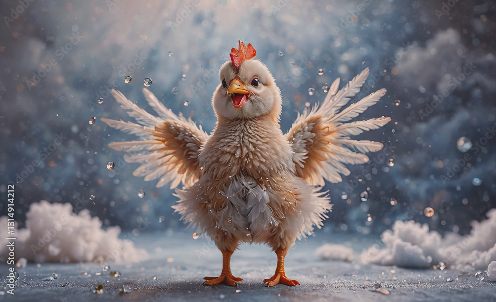 Poster small chicken with its wings spread out and a smile on its face. the image has a playful and lighthe