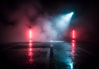 Wet Asphalt with Neon Light Reflections and Smoke in Dark Empty Street