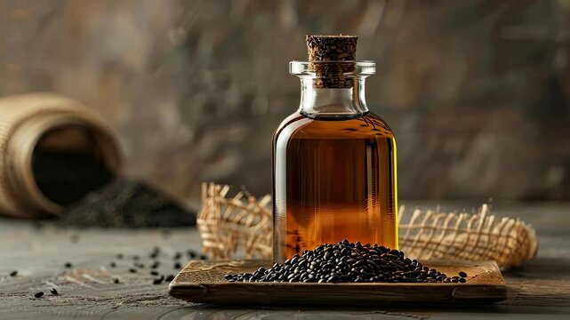 black seed essential oil close-up. Selective focus