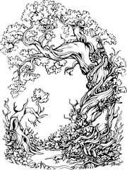 magical forest, coloring page, flower, vector, floral, pattern, plant, illustration, leaf, nature, drawing, seamless, flowers, design, sketch, blossom, vintage, tree, art, decoration, branch, bouquet,