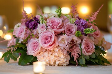 Romantic Wedding Table Floral Arrangement with Pink Roses