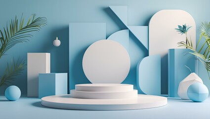 A room characterized by a blue wall and white floor, containing a selection of different products arranged neatly