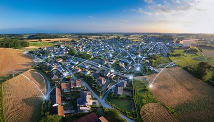 aerial view of a small town with digital network lines showcasing connectivity and innovation in rural areas
