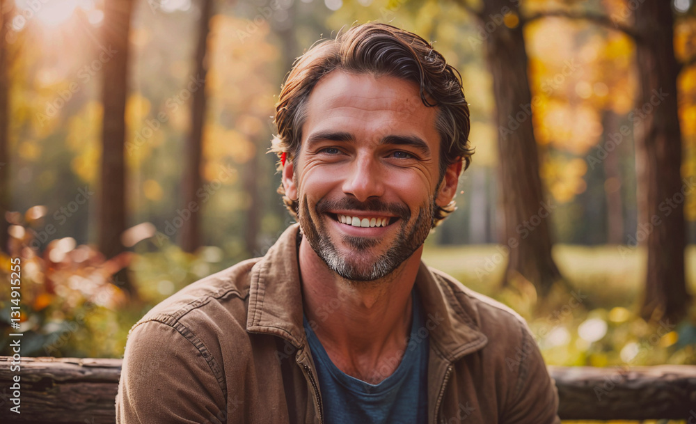 Poster man with a beard and a smile is sitting on a bench in a forest. he is wearing a brown jacket and a b