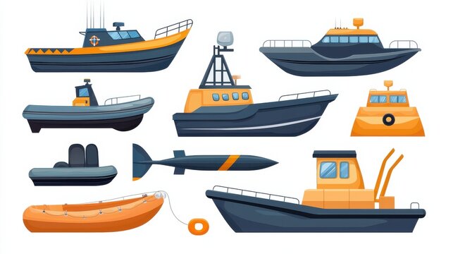 Pixel Art Illustration Of Various Types Of Boats In Dark Blue Gray And Orange