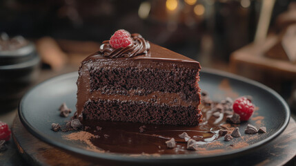 A delectable slice of rich chocolate cake, showcasing its moist texture and indulgent flavor