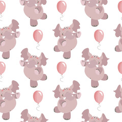 Seamless pattern, cute dancing elephants and balloons, beige and pink colors. Print for children, children's textiles, kids bedroom decor