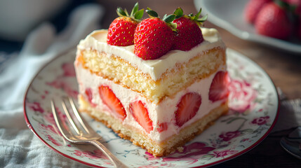 Delicate Slice of French Fraisier Cake with Strawberries on Vintage Floral Plate
