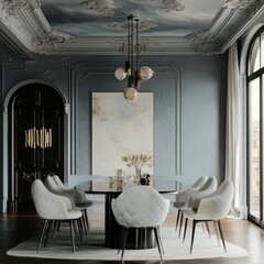 The elegant dining room features modern furniture and opulent decor