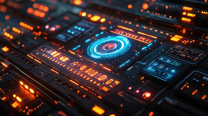 Obraz premium Futuristic user interface design digital environment graphic display cyberpunk aesthetic close-up view