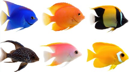 Six Vibrant Tropical Fish on White Background Blue, Orange, Yellow, Pink, and Black