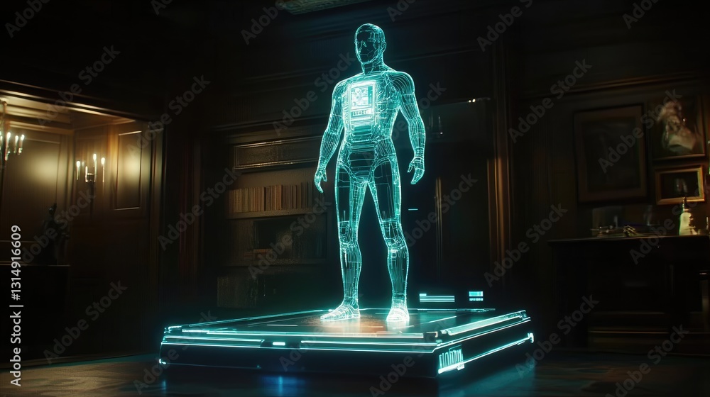 Poster d holographic communication with a floating digital interface.