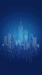 Futuristic cityscape with modern skyscrapers and digital network lines