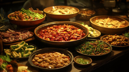 Fototapeta premium A flavorful assortment of Chinese cuisine, featuring dishes like Malatang, Mala Xiang Guo, and Kanpung eggplant, along with a variety of meats, vegetables, and aromatic sauces