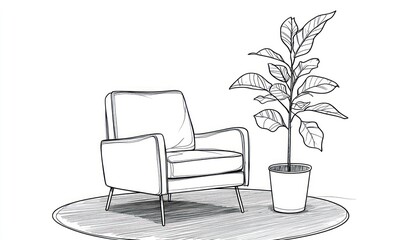 Fototapeta premium A simple line drawing of an armchair and plant on the floor outlined 