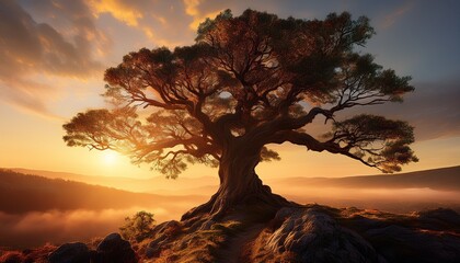 ancient gnarled tree stands sentinel on a hill its branches reaching towards the golden light of a misty sunrise
