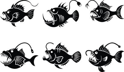 Naklejka premium Anglerfish Vector Art: Deep Sea Predator Illustrations in Black and White, Scary Fish Graphics, Underwater Creature Designs