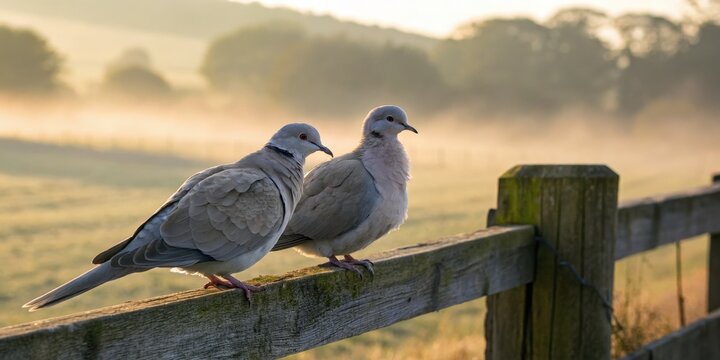 Two doves perched on fence in misty morning landscape nature photography serene environment close-up view