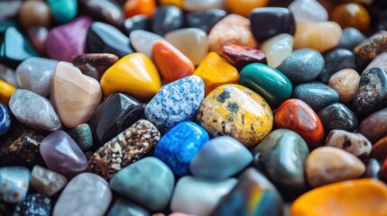 Collection of Colorful Polished Gemstones and Rocks Close Up View Capturing Beauty and Variety in Mineral Formations