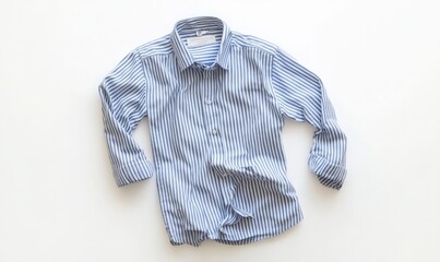 Casual Blue Striped Shirt Laid Flat on White Surface for Fashion Display
