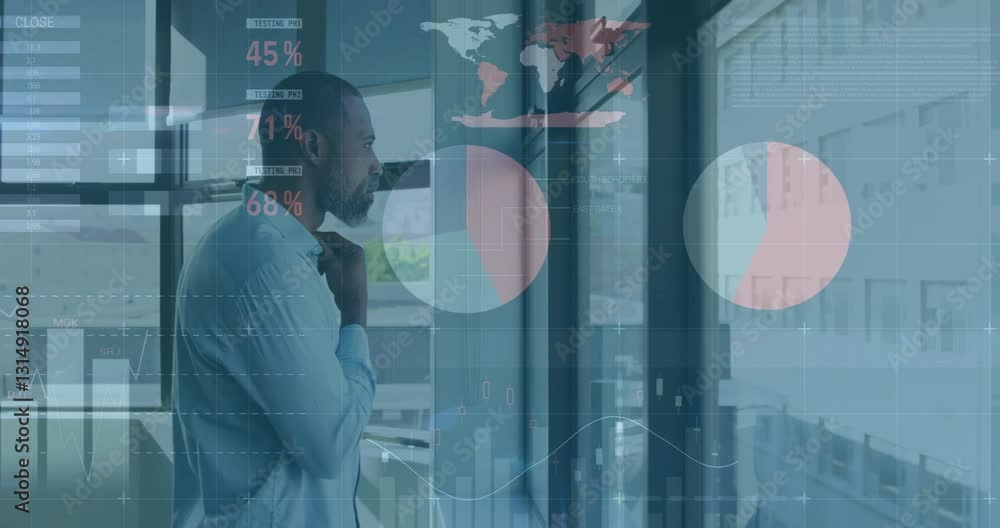 Poster analyzing global statistics animation, businessman reviewing data visualization in office