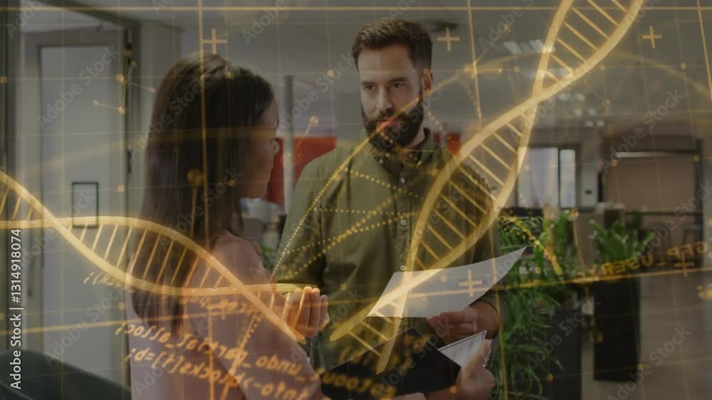 Poster in office, two people discussing documents with dna strand and binary coding animation