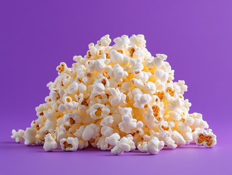 Delightful pile of fluffy popcorn against a vibrant purple backdrop conveying a sense of fun and indulgence perfect for movie nights - Powered by Adobe