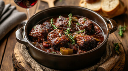 A traditional Spanish delicacy--slow-cooked oxtail in a rich red wine sauce, also known as rabo de toro--served in a pot on a rustic wooden table