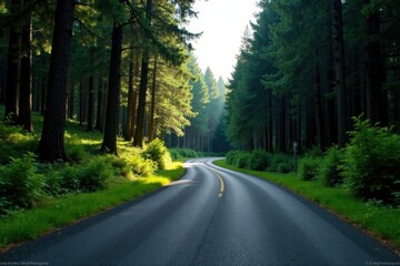 A Serpentine Road Through a Lush Evergreen Forest Bathed in the Golden Light of Dawn