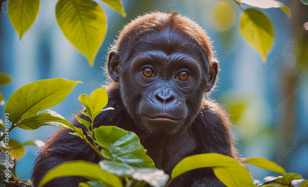 Poster Baby monkey is sitting in a tree with leaves. The monkey is looking at the camera with a smile on its face