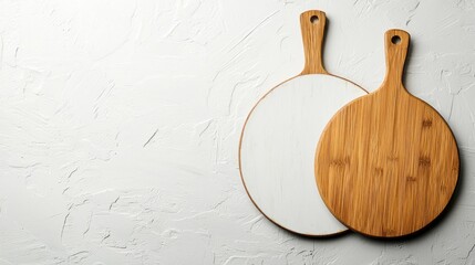 Two round wooden cutting boards on textured white surface