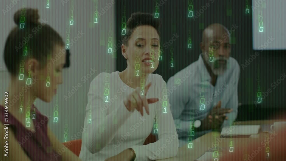 Poster business meeting discussion with binary code animation overlaying diverse team