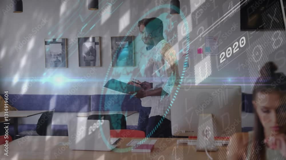 Poster two people reviewing documents in office with digital data animation overlay