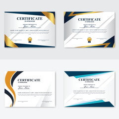 Four modern certificate designs; white background, geometric shapes