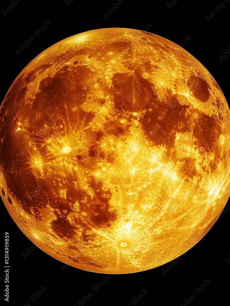 Poster golden celestial sphere with intricate surface details against a stark black backdrop cosmic explora