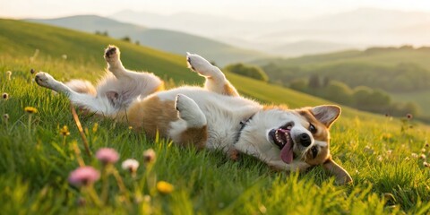 Obraz premium Playful corgi rolling in green fields sunny landscape animal photography outdoor environment close-up view joyful companion
