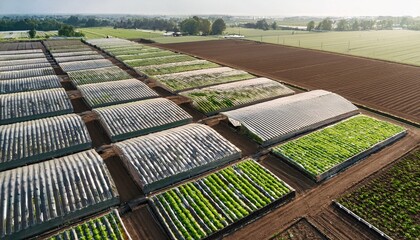 Naklejka premium aerial view of vegetable seedlings growing in rows in greenhouse