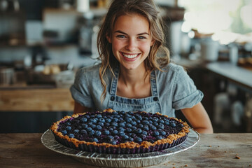 A smiling woman proudly presents a large, delicious blueberry pie, a homemade treat.