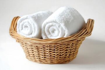 a wicker basket filled with neatly rolled white towels