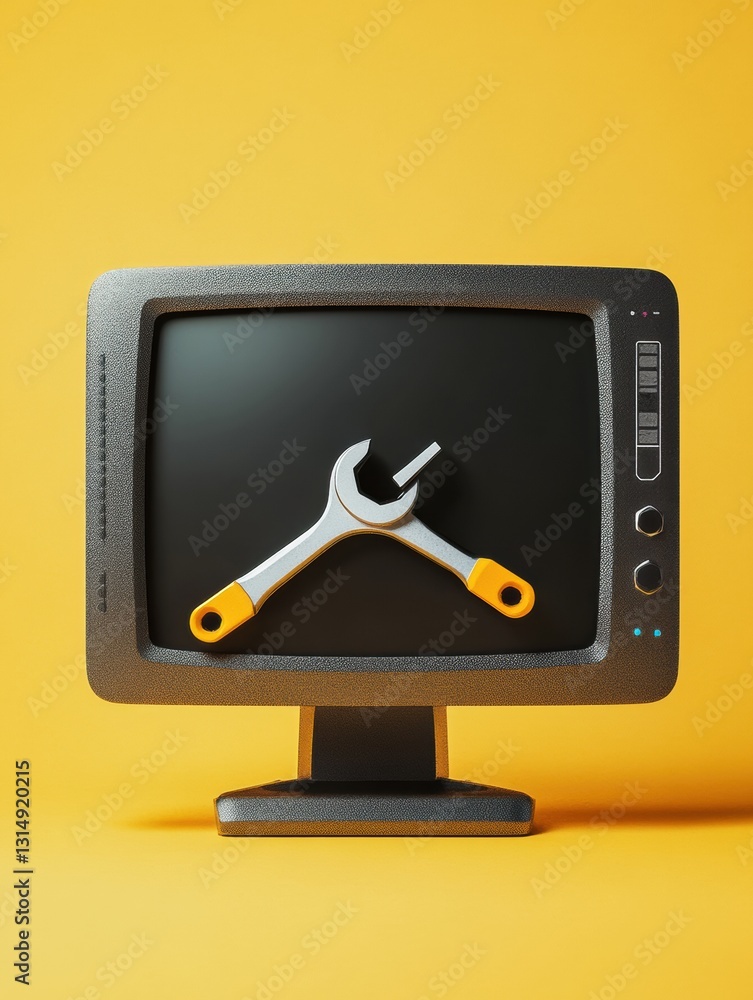 Poster monitor icon with repair tools overlay for computer service illustration featuring space for custom 