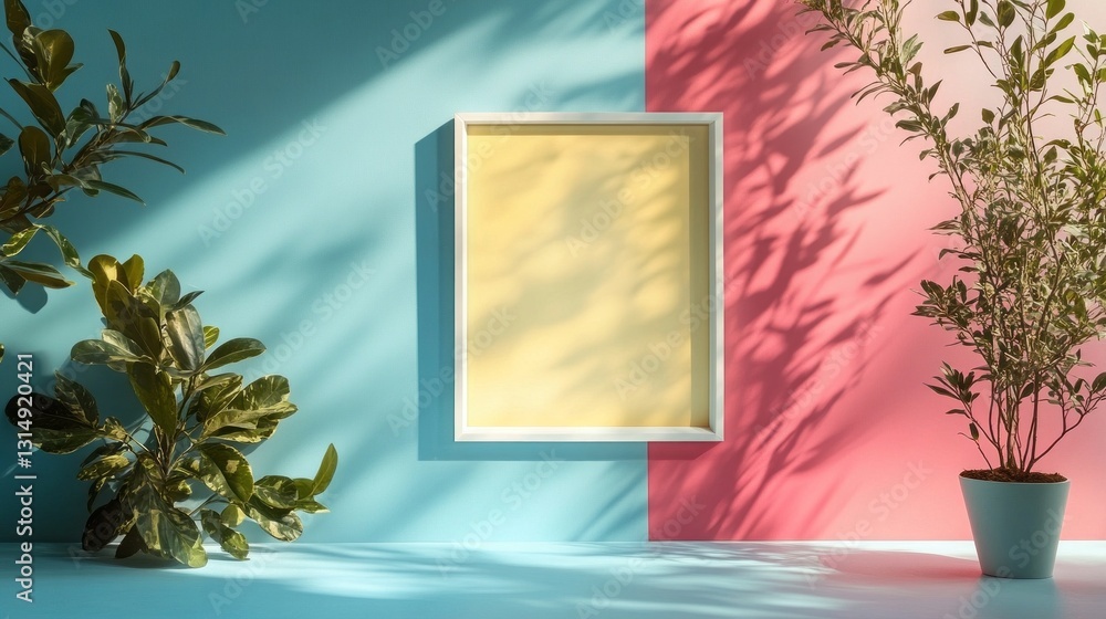 Poster A bright and colorful setting features a blank frame against a cheerful backdrop of blue and pink. Lush greenery casts playful shadows, inviting artistic expression