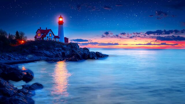 Scenic lighthouse shining bright on rocky coast under twilight sky and ocean waves. Seamless looping 4K time-lapse animation video background