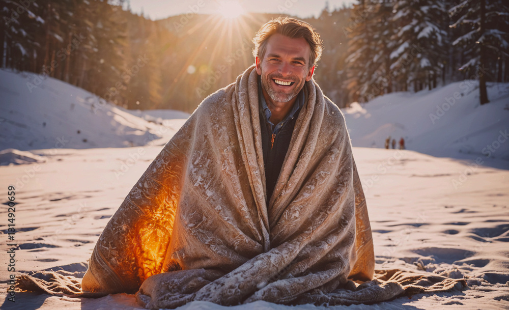 Poster Man is sitting in the snow with a blanket wrapped around him. He is smiling and he is enjoying the moment
