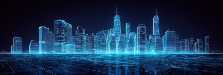Futuristic cityscape with blue wireframe buildings and digital matrix background