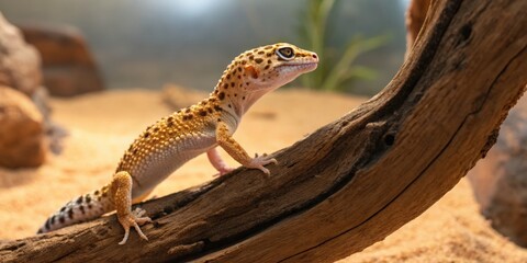 Fototapeta premium Gecko climbing on driftwood desert habitat wildlife photography natural environment close-up perspective animal behavior