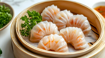 Angled View of Fresh Har Gow Dumplings in Bamboo Steamer with Garnish and Dipping Sauce