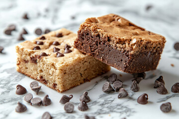 Two delicious chocolate chip brownies, one blonde and one classic, sitting on a marble surface.