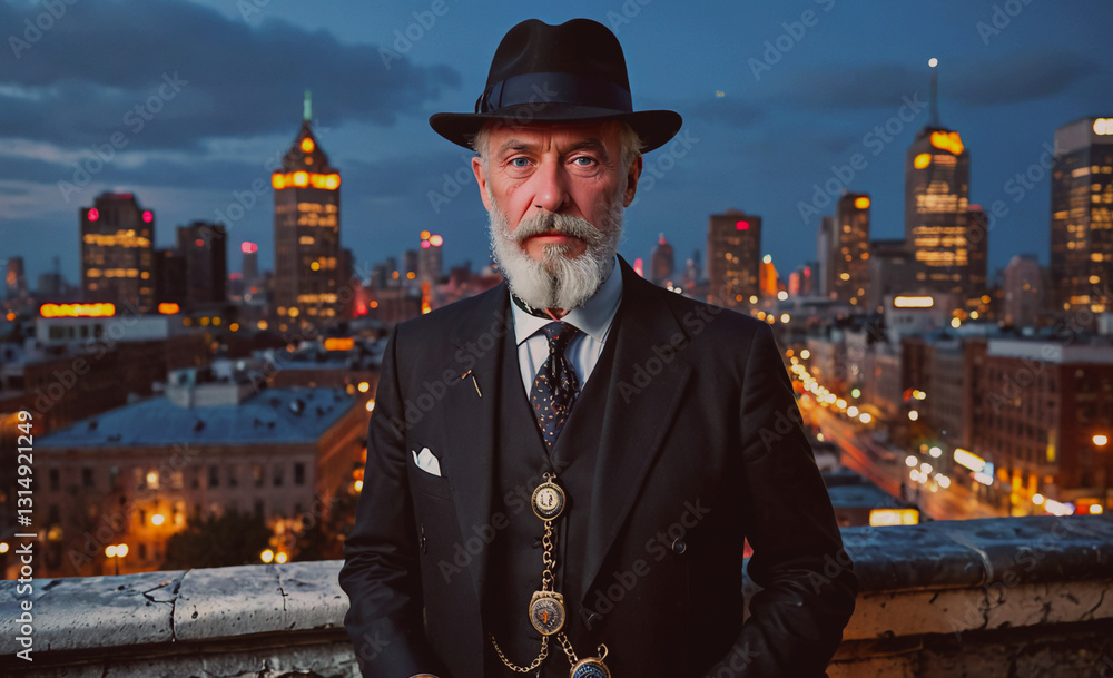 Poster man in a suit and hat stands on a rooftop in a city at night. he is wearing a tie and a vest