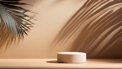 minimal product display with palm leaf shadows on warm beige plaster wall luxury summer architecture interior aesthetic boho home decor product platform stage mockup